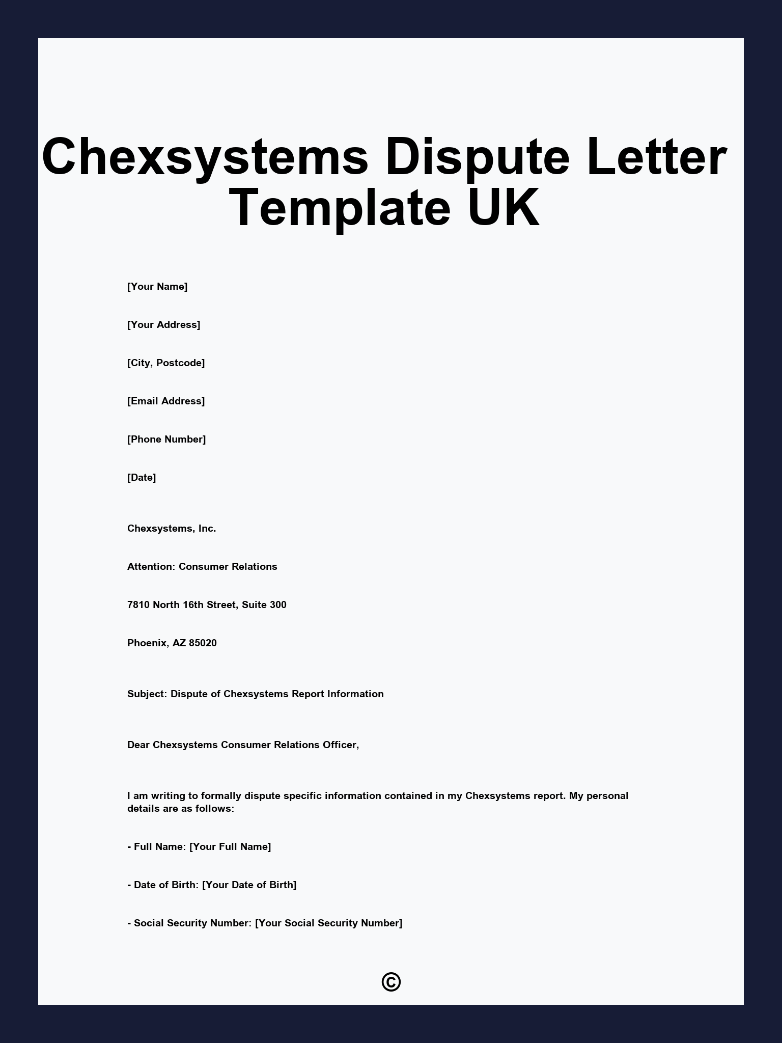 Chexsystems Dispute Letter Template UK