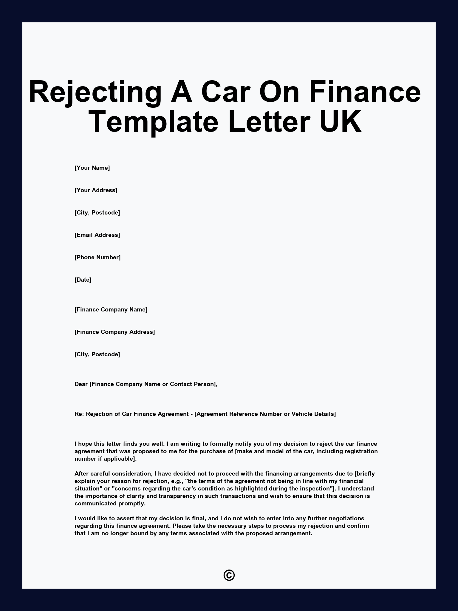 Rejecting A Car On Finance Template Letter UK